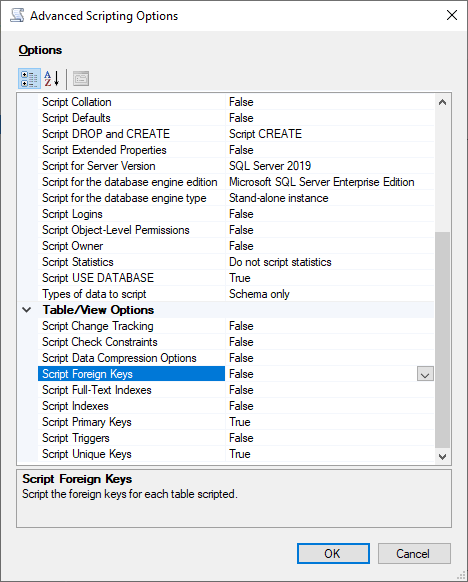 
								Utilizzo della procedura guidata Generate Scripts (Genera script) di SSMS per impostare le opzioni avanzate.
							