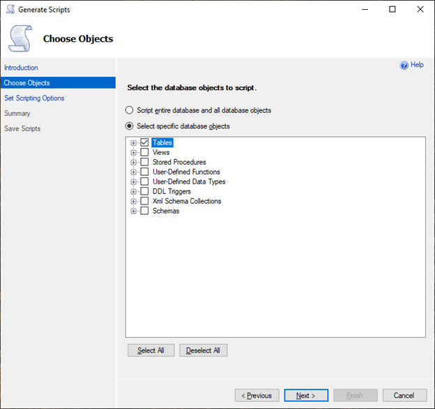 
								Utilizzo della procedura guidata Generate Scripts (Genera script) di SSMS per scegliere oggetti e tabelle.
							