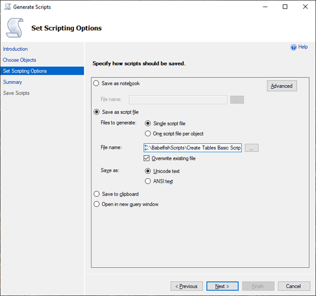 
								Utilizzo della procedura guidata Generate Scripts (Genera script) di SSMS per impostare i valori predefiniti dello script.
							