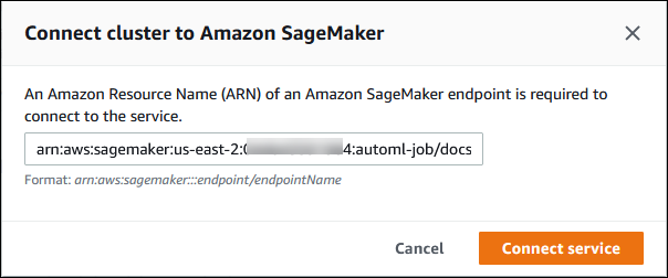 Immagine che mostra l'endpoint Amazon Resource Name (ARN) for SageMaker AI inserito durante il processo di configurazione.
