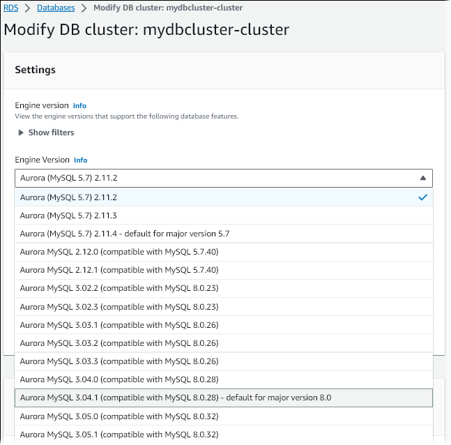 Aggiornamento locale di un cluster di database Aurora MySQL da versione 2 a versione 3