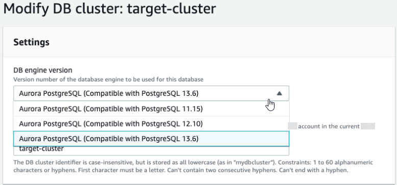 Aggiornamento locale di un cluster di database Aurora MySQL da versione 2 a versione 3