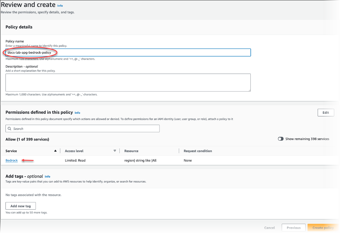 Creazione della policy per il IAM ruolo da utilizzare per Amazon Bedrock.