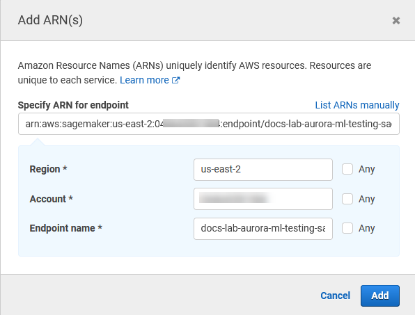 Specificando l'endpoint ARN per la Policy. IAM