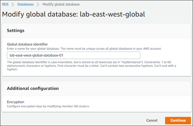 Screenshot che mostra la pagina di modifica delle impostazioni per un Aurora Global Database.