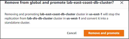 Screenshot che mostra la richiesta di conferma di rimozione di un cluster secondario da un Aurora Global Database.