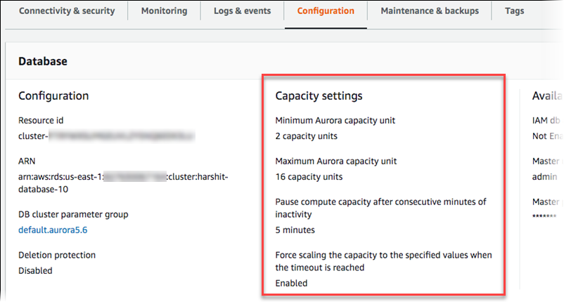 Visualizzazione Aurora Serverless v1 Impostazioni della capacità del cluster DB