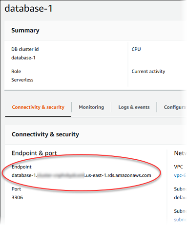 Visualizzazione Aurora Serverless v1 Endpoint del database del cluster DB
