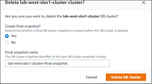 Screenshot dell'eliminazione Aurora Serverless v1 cluster di database
