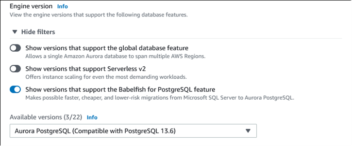 Scegli una versione Aurora PostgreSQL.
