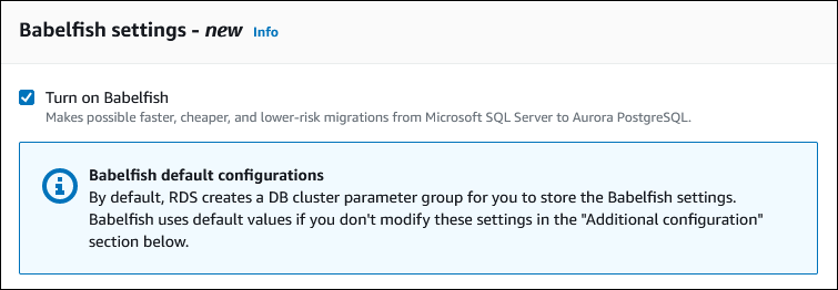 Attiva Babelfish nel tuo cluster Aurora PostgreSQL.