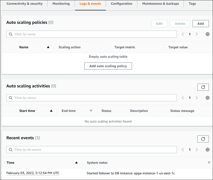 Pagina del database con la scheda Logs & events (Log ed eventi) mostrata