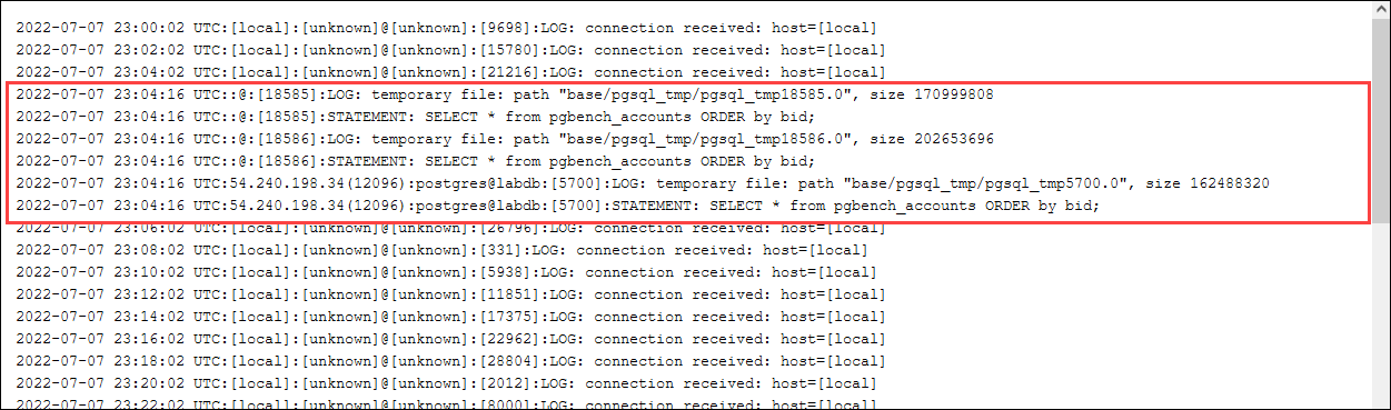 Immagine del file di registro da AWS Management Console che mostra i file temporanei.