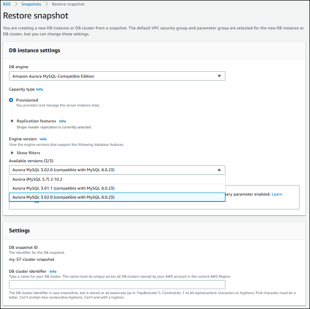 Pagina Restore snapshot (Ripristina snapshot)