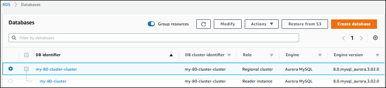 Cluster database ripristinato nella pagina Databases (Database)