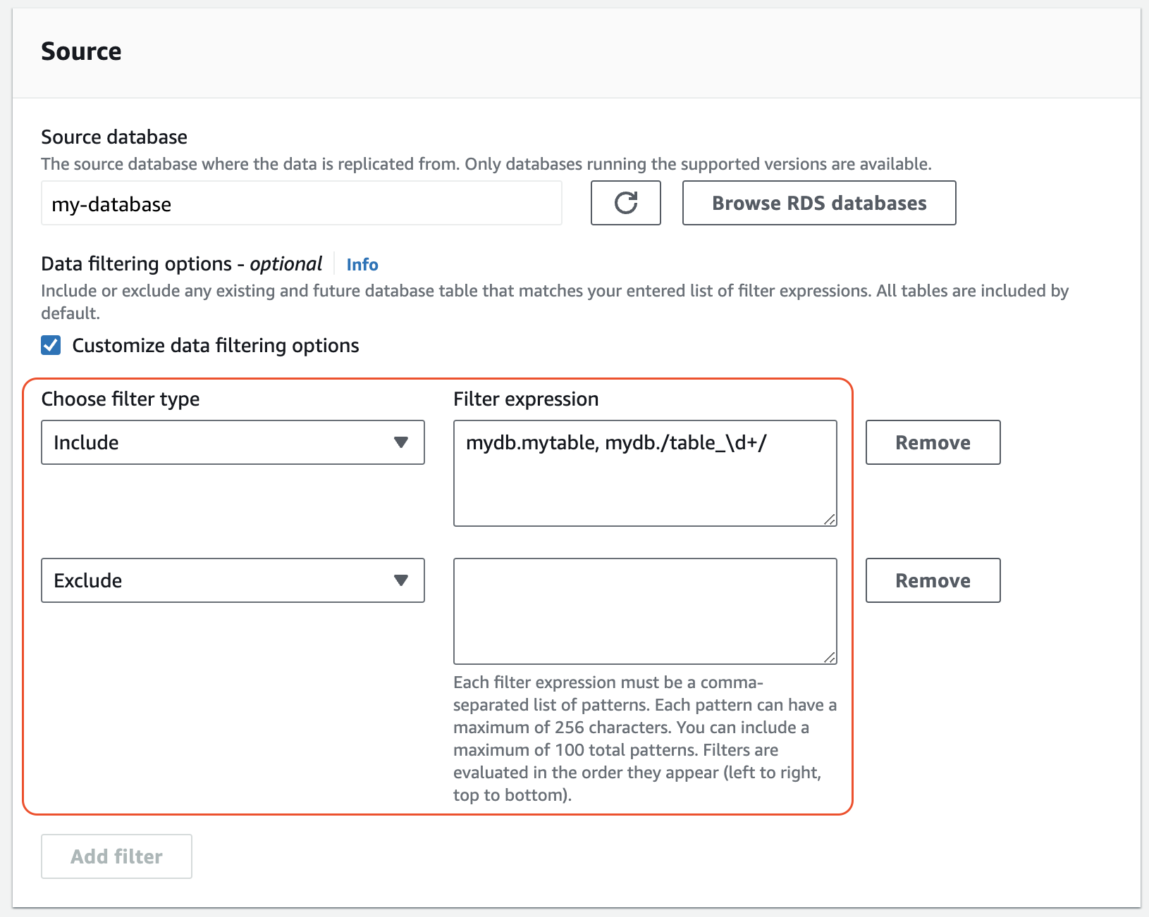 Filtri di dati per un'integrazione zero-ETL nella console RDS