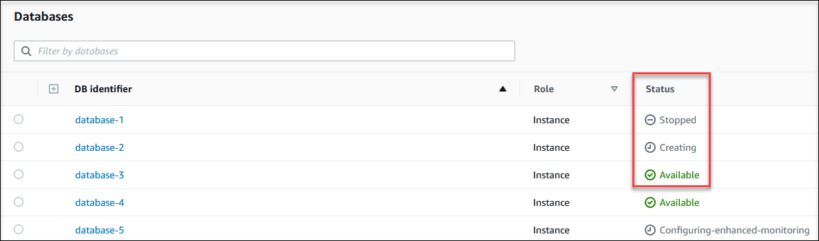 Visualizzazione dello stato di un’istanza database