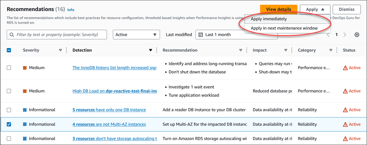 Viene selezionato un consiglio attivo e il pulsante Applica con le relative opzioni evidenziate nella console.