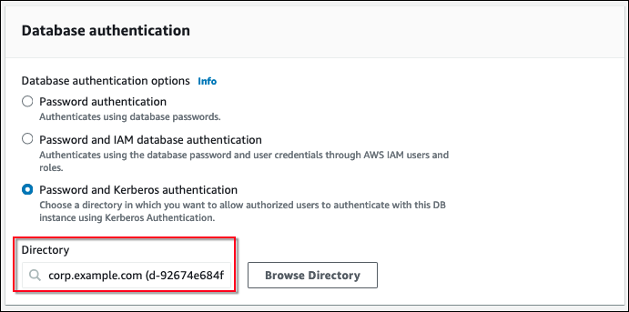 La sezione Autenticazione del database con password e autenticazione Kerberos selezionate nella console Amazon RDS.