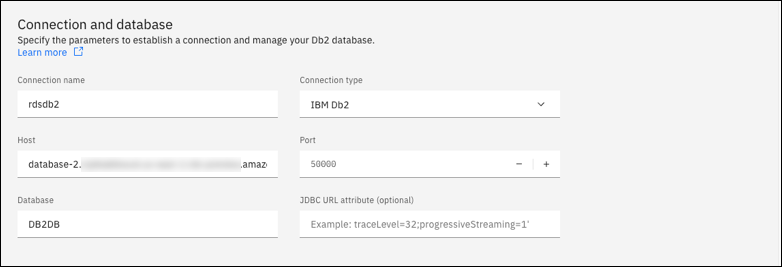 La sezione Connessione e database per una nuova connessione in IBM Db2 Data Management Console con i campi Host, Port e Database.