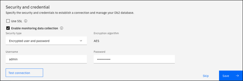 La sezione Sicurezza e credenziali per una nuova connessione in IBM Db2 Data Management Console.