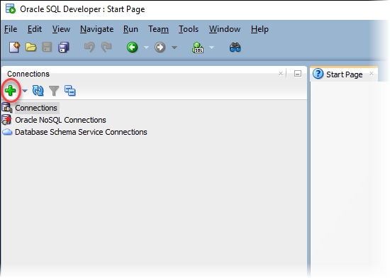 Oracle SQL Developer con l'icona per l'aggiunta evidenziata