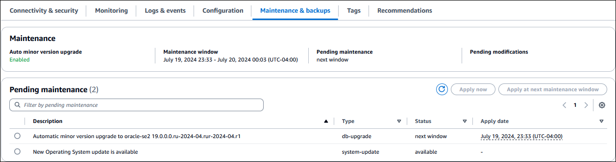 Elementi di manutenzione in sospeso per un'istanza DB RDS.