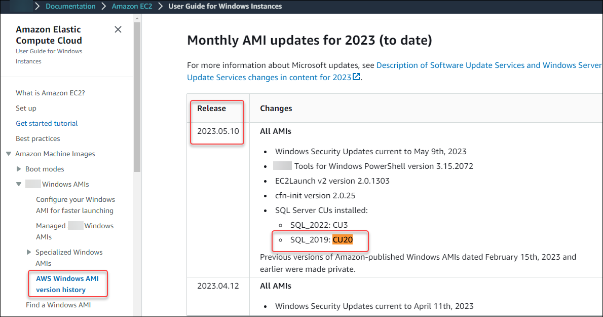 Risultato della cronologia delle versioni dell'AMI per SQL Server 2019 con CU20.