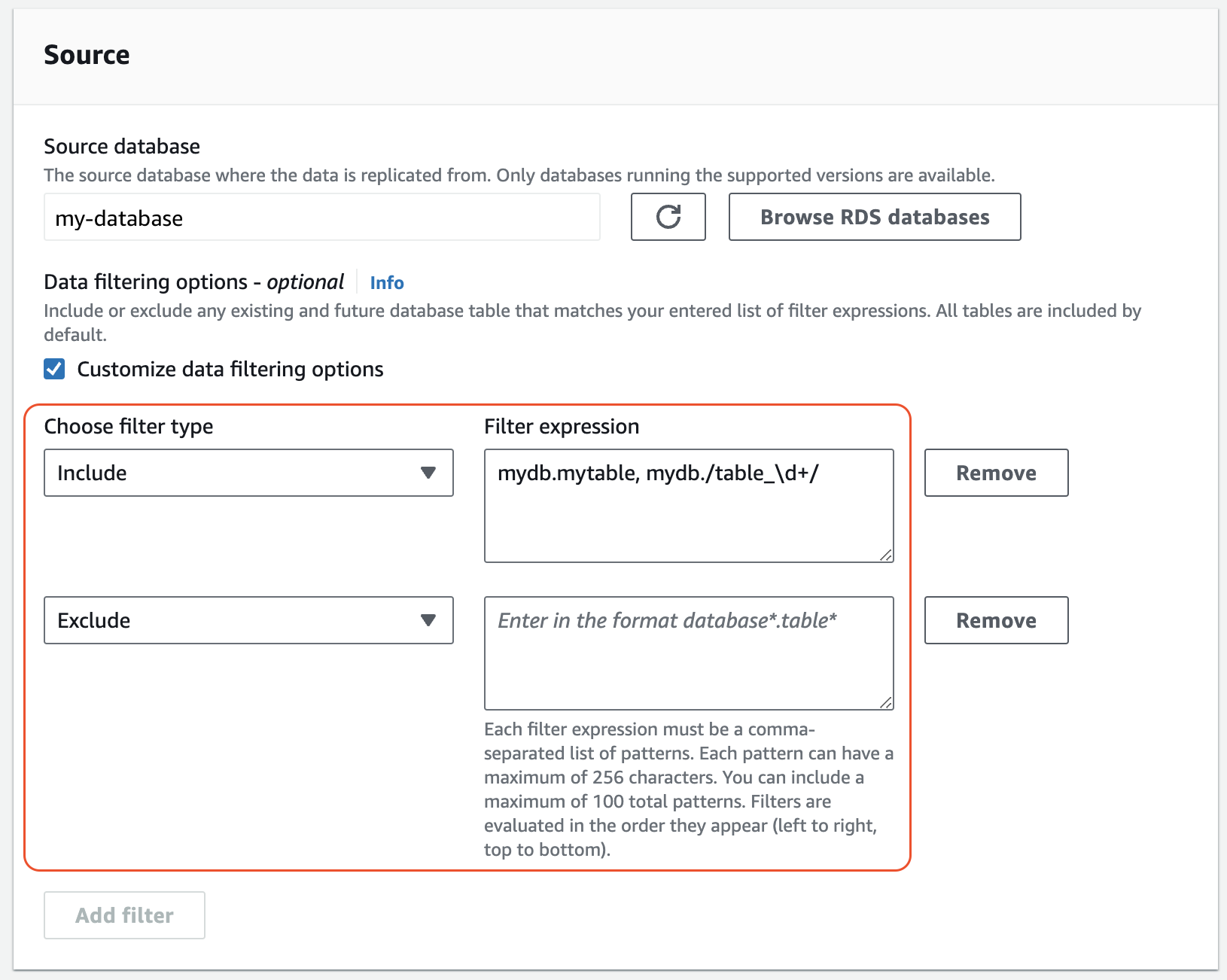 Filtri di dati per un'integrazione zero-ETL nella console RDS