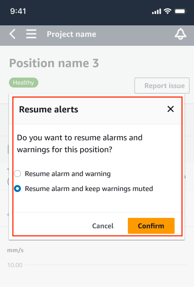 Dialog box prompting to resume alarms with options to resume or keep warnings muted.