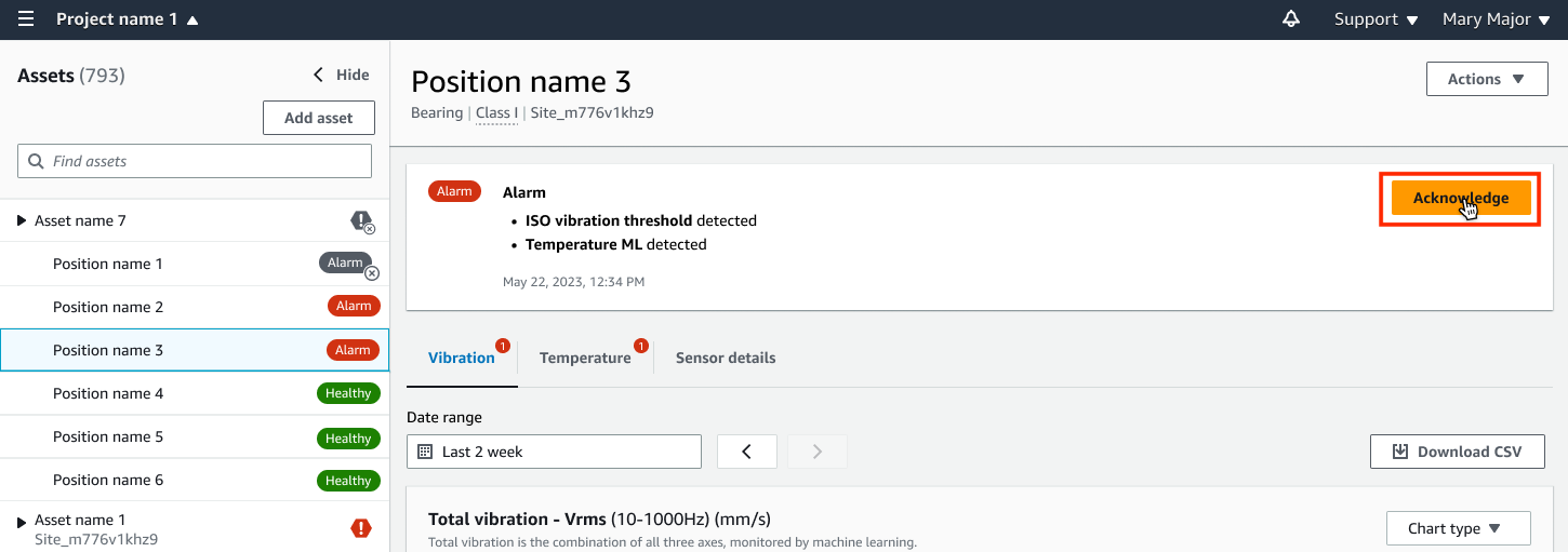 Asset management interface showing alarm details for Position name 3 with vibration and temperature alerts.