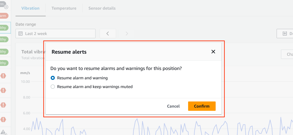 Dialog box for resuming alerts with options to resume alarm and warning or keep warnings muted.