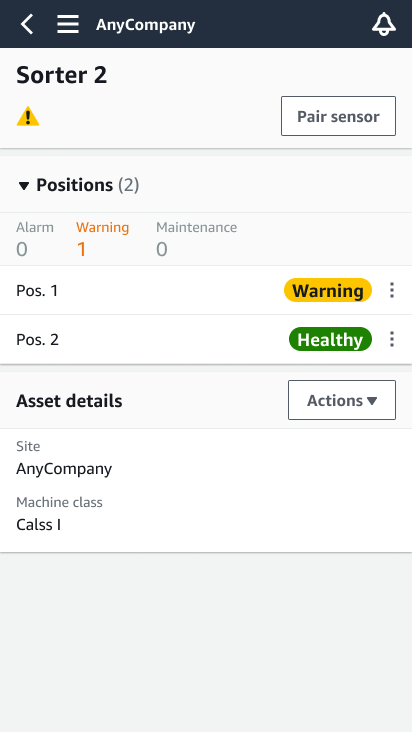 Sorter 2 interface showing positions, warnings, and asset details for AnyCompany.