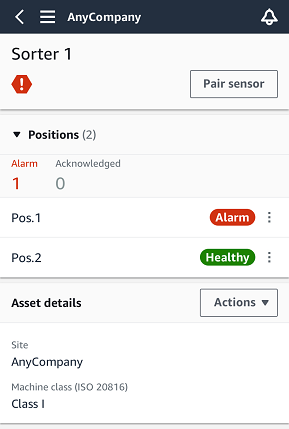 Mobile app interface showing Sorter 1 status with two positions, one in alarm and one healthy.