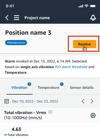 Project interface showing alarm details, vibration data, and a "Resolve" button.