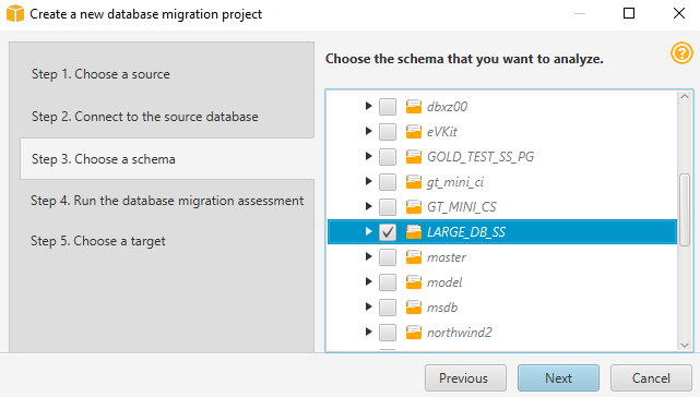 Scegliete uno schema di database nella nuova procedura guidata del progetto.