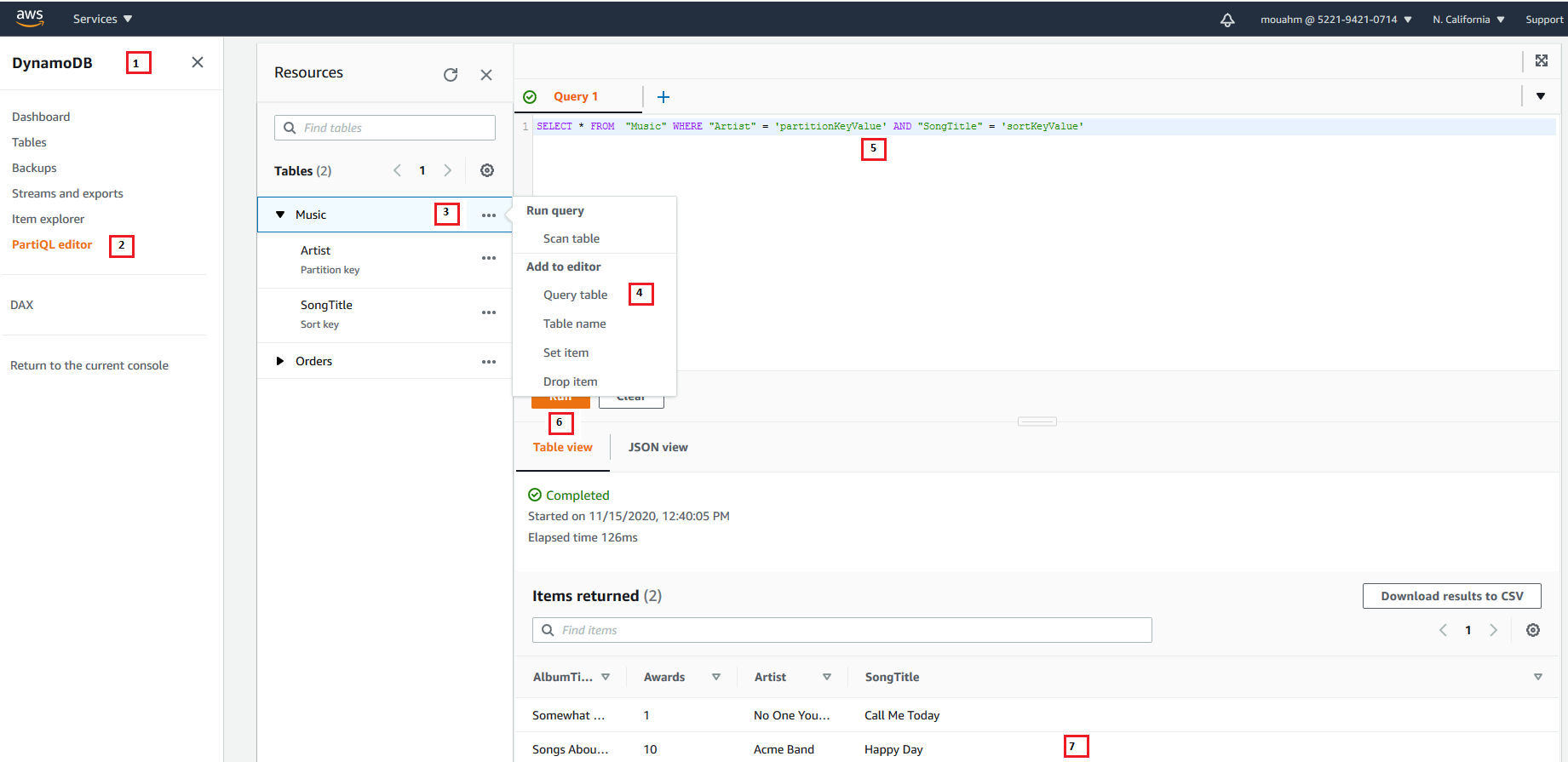 Interfaccia dell'editor PartiQL che mostra il risultato dell'esecuzione dell'operazione Query sulla tabella Music.