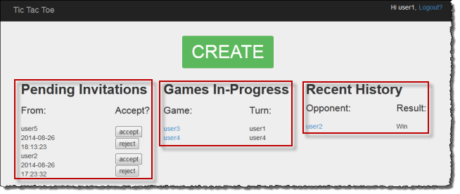 Screenshot che mostra la home page dell'applicazione con 3 elenchi: inviti in sospeso, partite in corso e cronologia recente.