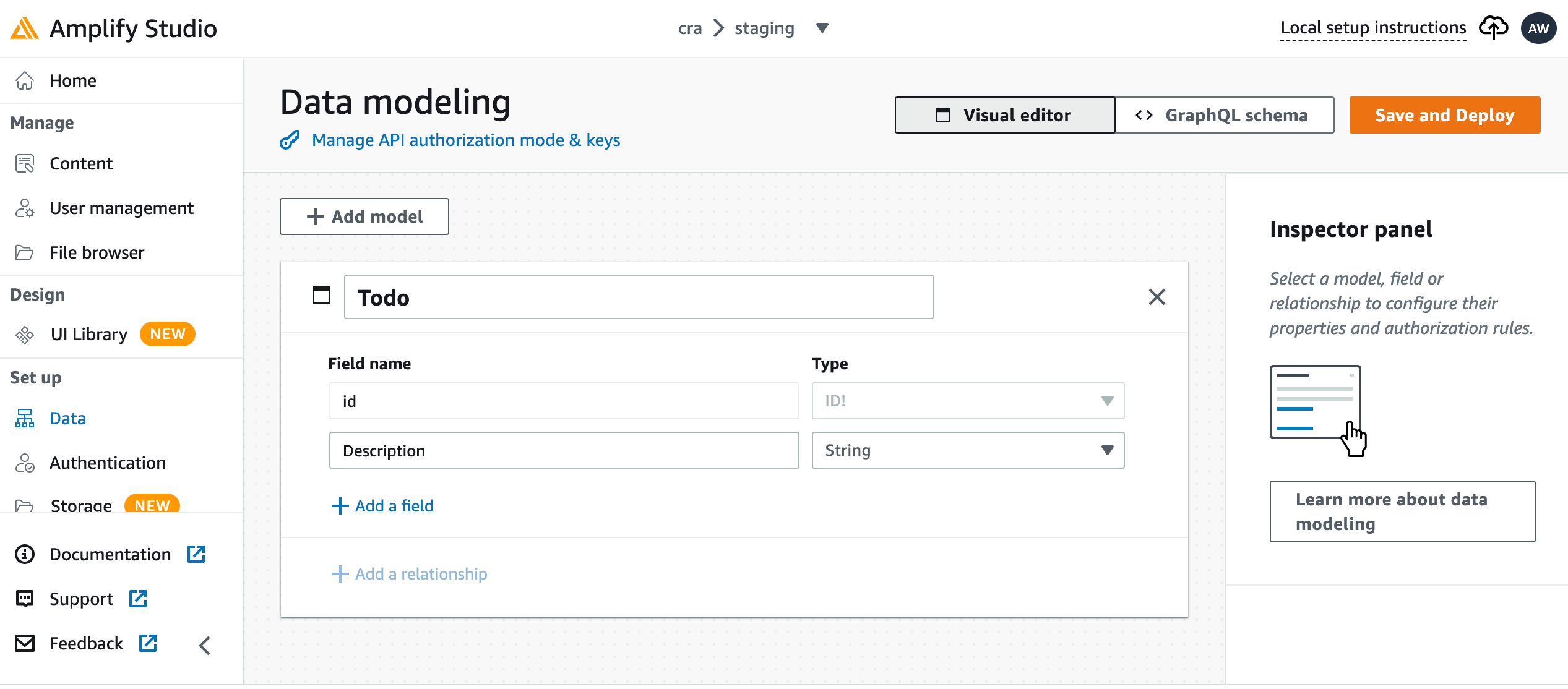 
                  L'interfaccia utente di Amplify Studio per la creazione di un modello di dati.
               