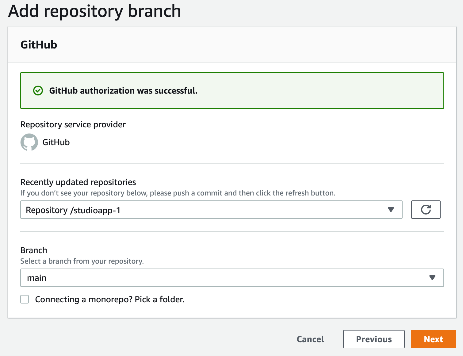 
            Schermata della sezione Repository branch nella console Amplify con un ramo selezionato.
         