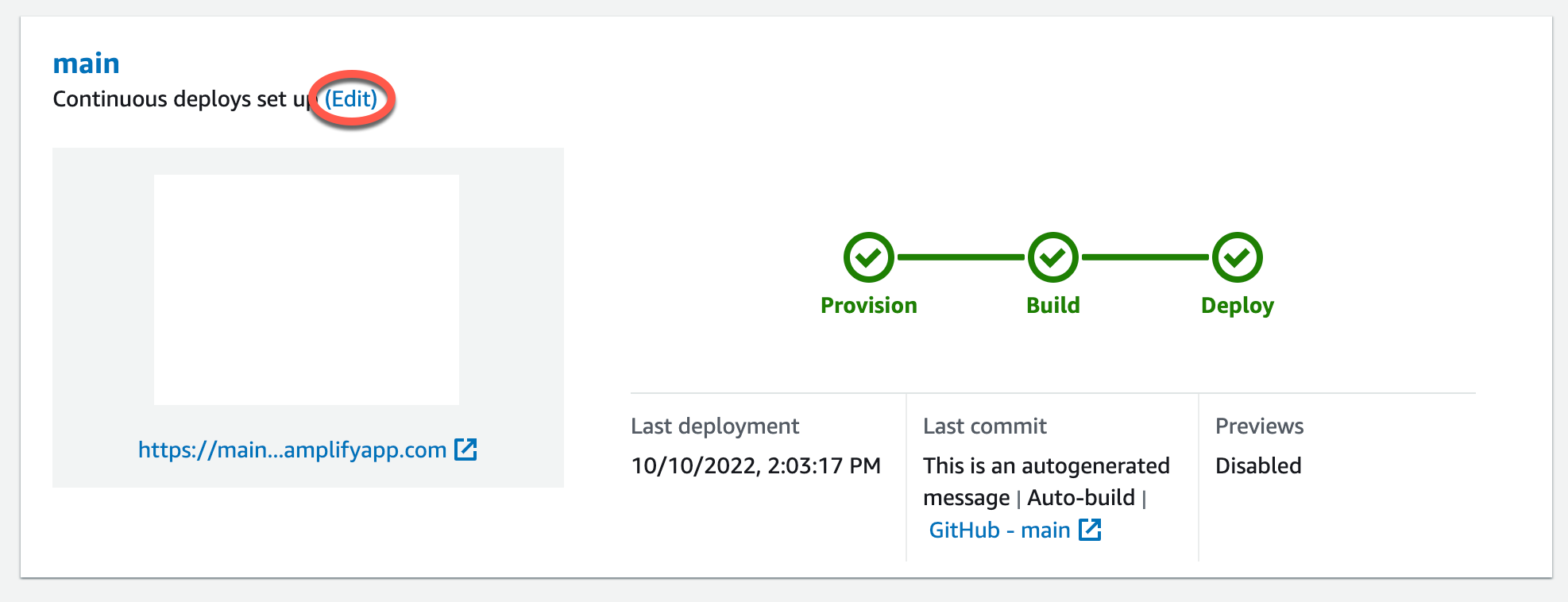 
                  La posizione del link Modifica per un ramo nella console Amplify.
               