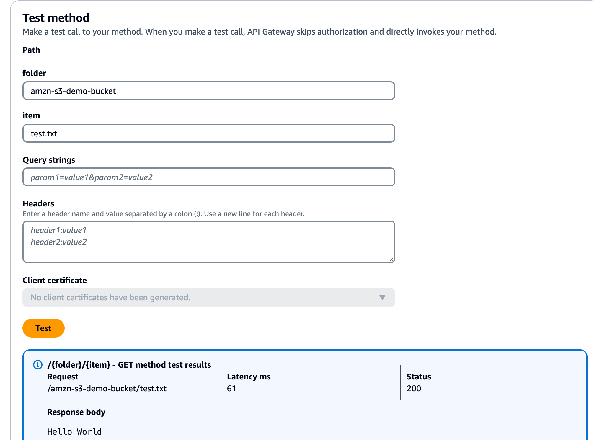 Test del metodo GET per la creazione di un bucket Amazon S3.