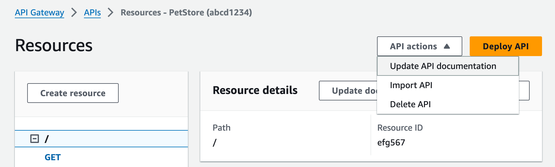 Modifica la documentazione per l'APIentità nella console API Gateway