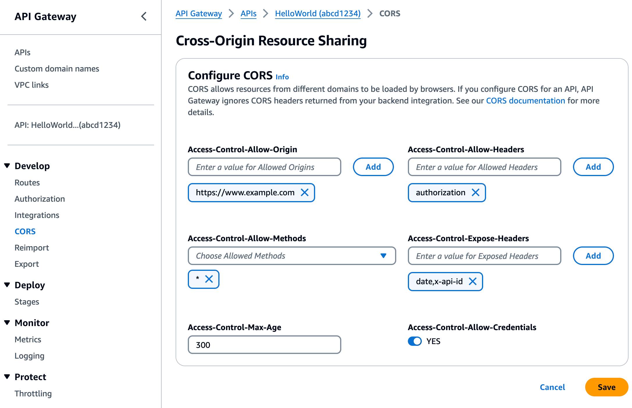 configurazione CORS per HTTP APIs
