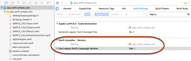 Imposta la proprietà Legacy Swift Language Version su Sì.
