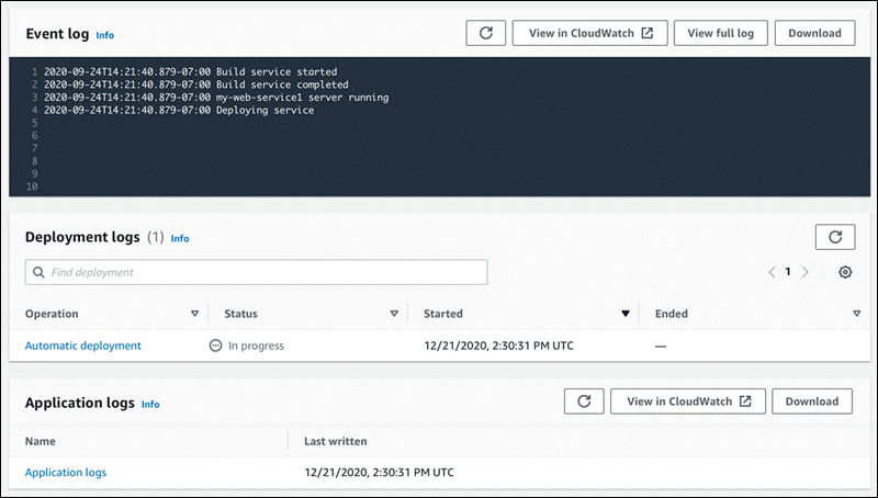 La scheda Logs nella pagina del dashboard del servizio App Runner
