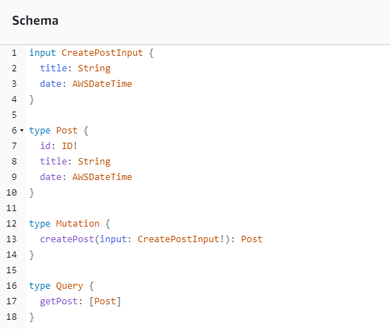 Schema showing input type, Post type, Mutation type with createPost, and Query type with getPost. (AI generated)