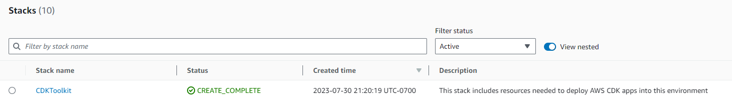 AWS CloudFormation stack list with CDKToolkit stack details. (AI generated)