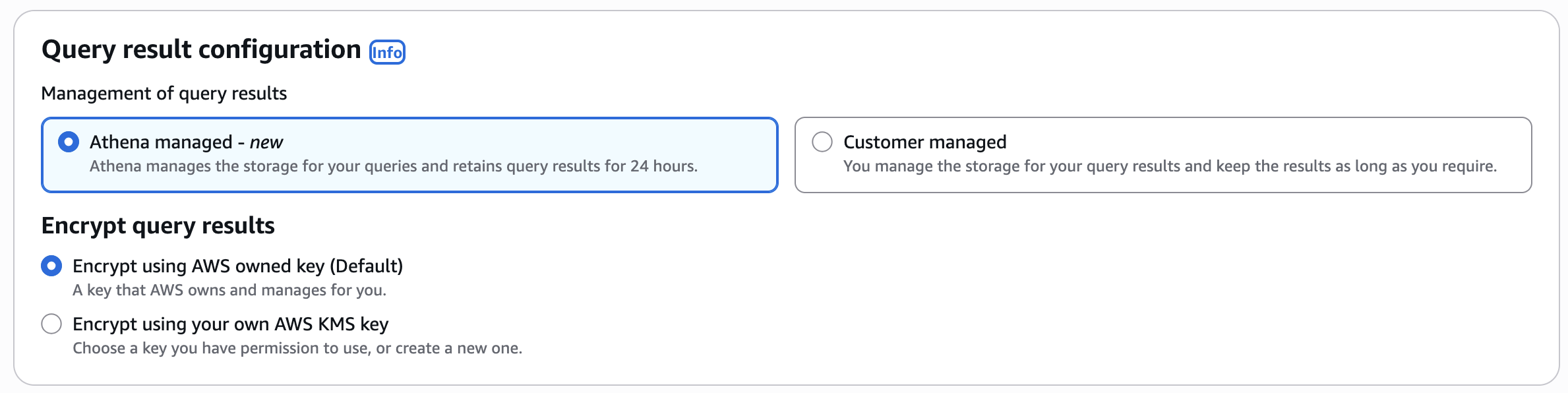 Il menu di configurazione dei risultati della query.