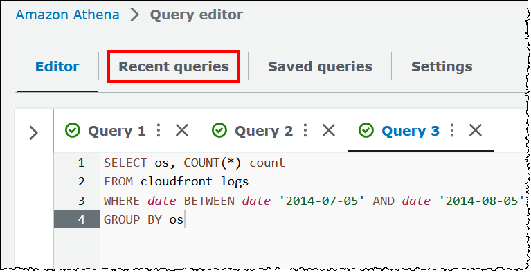 Scegli Recent queries (Query recenti) per visualizzare le query precedenti.